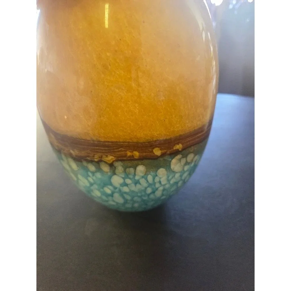 Art Glass Vase Ovoid Hand Blown Amber Blue White Bubble Speckle 8 Inch